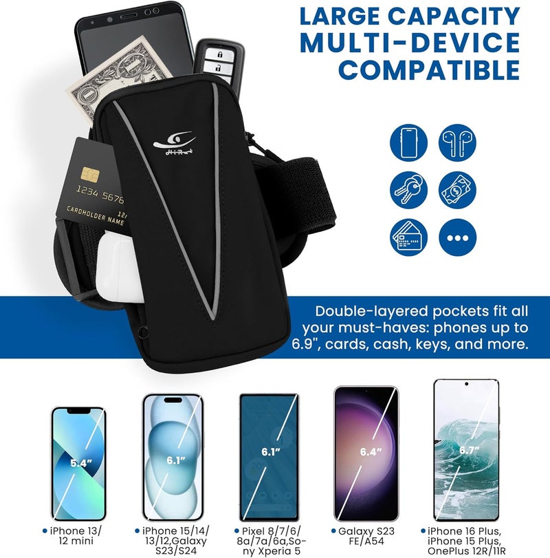HiRui Cell Phone Holder Arm Bag & Wrist Bag for Phone, Sports Running Armband for Gym & Cycling, Compatible with iPhone 16/16Pro/Plus/15/14 Samsung Galaxy All Phones, Reflective & Adjustable (Black) - Image 5